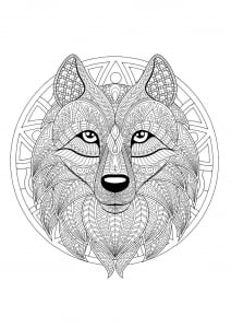 Mandala with geometric patterns and Wolf head full of complex details (Coloring Page)