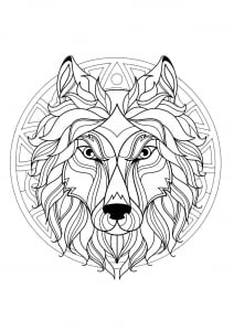 Mandala with beautiful Wolf head and superb geometric patterns (Coloring Page)