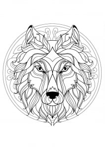 Mandala with beautiful Wolf head and interlaced patterns (Coloring Page)