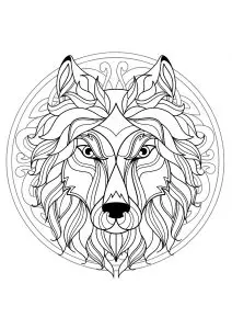 Mandala with beautiful Wolf head and interlaced patterns