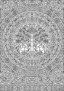 Tree of life surrounded by complex patterns (Mandalas Coloring Page)