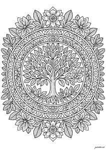Tree of life surrounded by flowers (Mandalas Coloring Page)