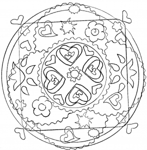 Coloring page adult hearts and flowers mandala