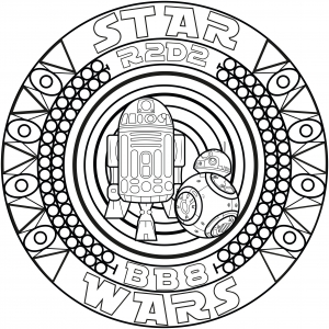 A mandala inspired by Star Wars with the robots BB8 and R2D2 (Coloring Page)