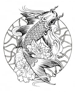 A simple Mandala with a giant fish (carp) (Coloring Page)