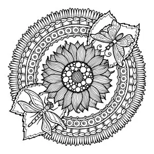 Sunflower and dragonflies in an ornamental circle
