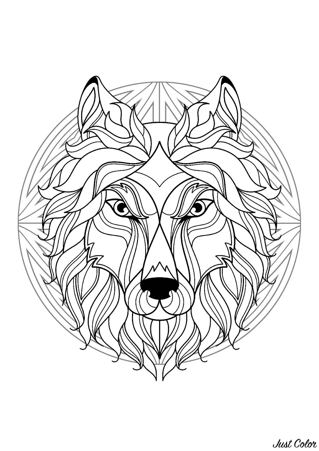 Mandala to color with magnificent Wolf head and simple patterns in background