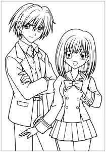 Manga drawing boy and girl in school suit