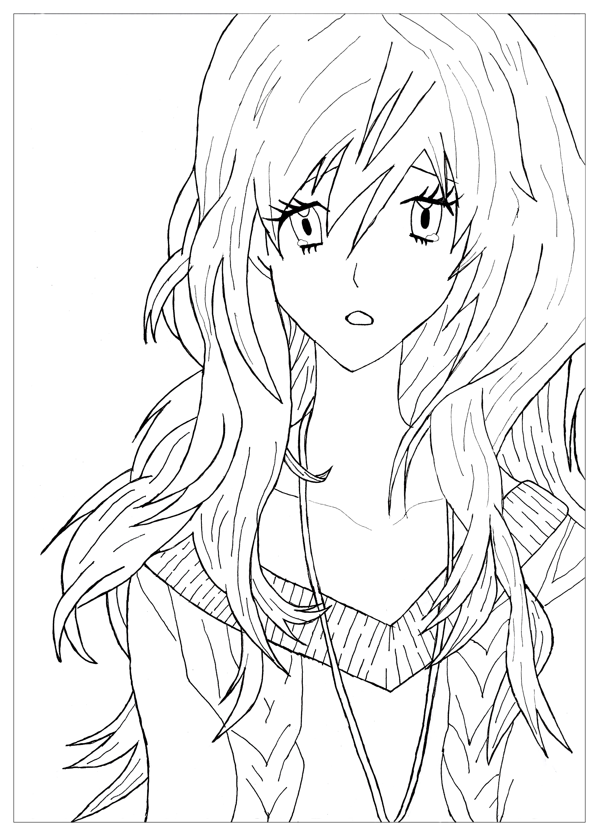 Manga / Anime coloring page representing a sad girl, Artist : Krissy