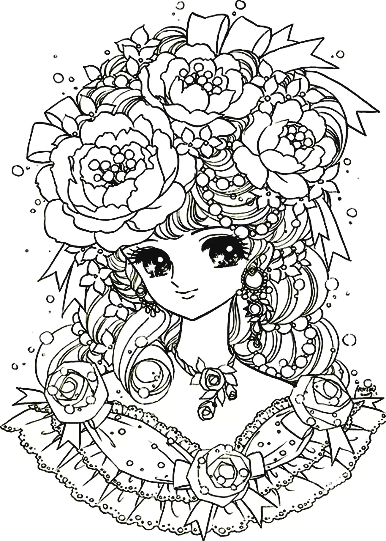 Manga flowers girl (Printable Manga / Anime Coloring Page for adults)