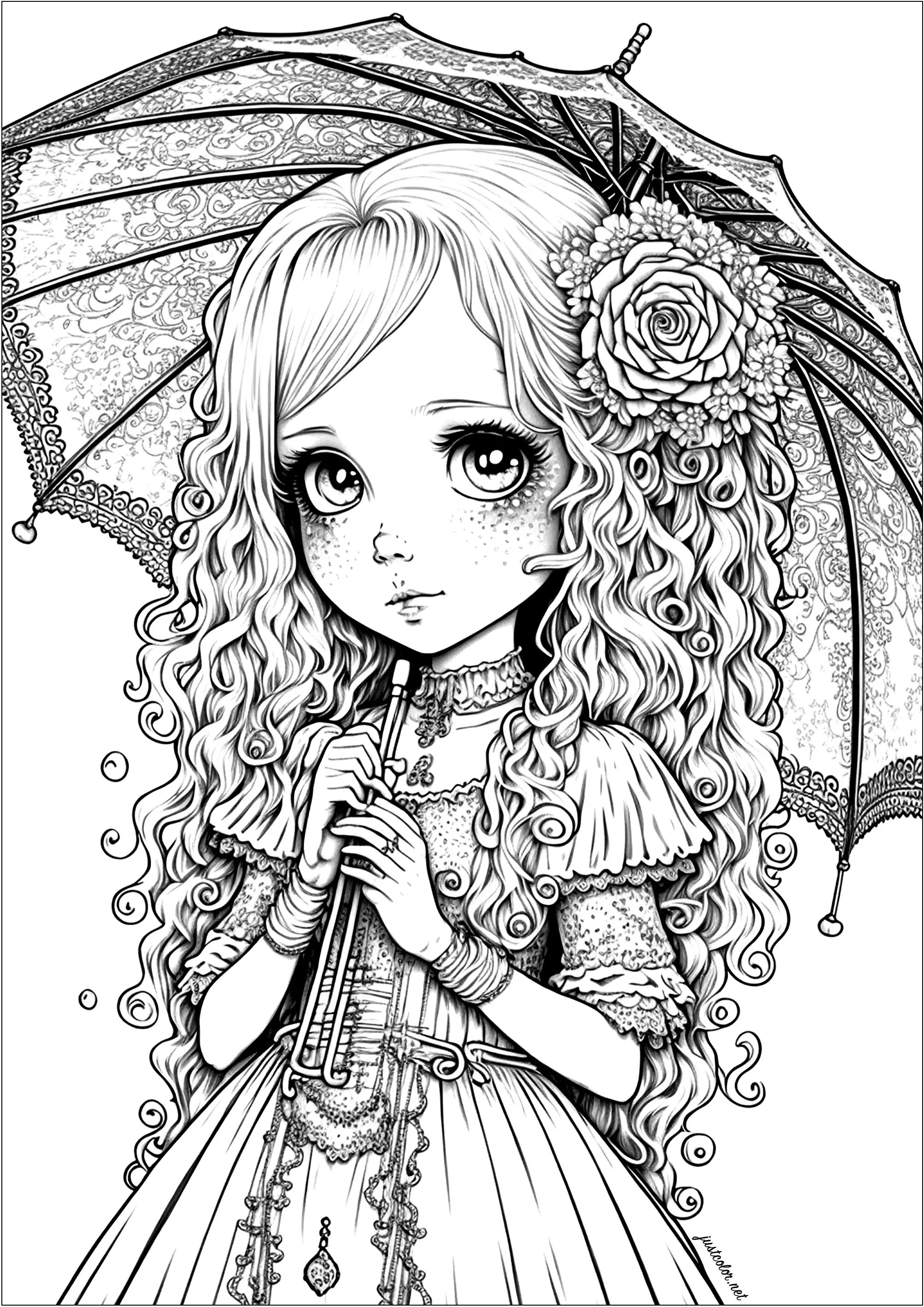 Girl drawn in Manga / Animated style (Printable Manga / Anime Coloring Page for adults)