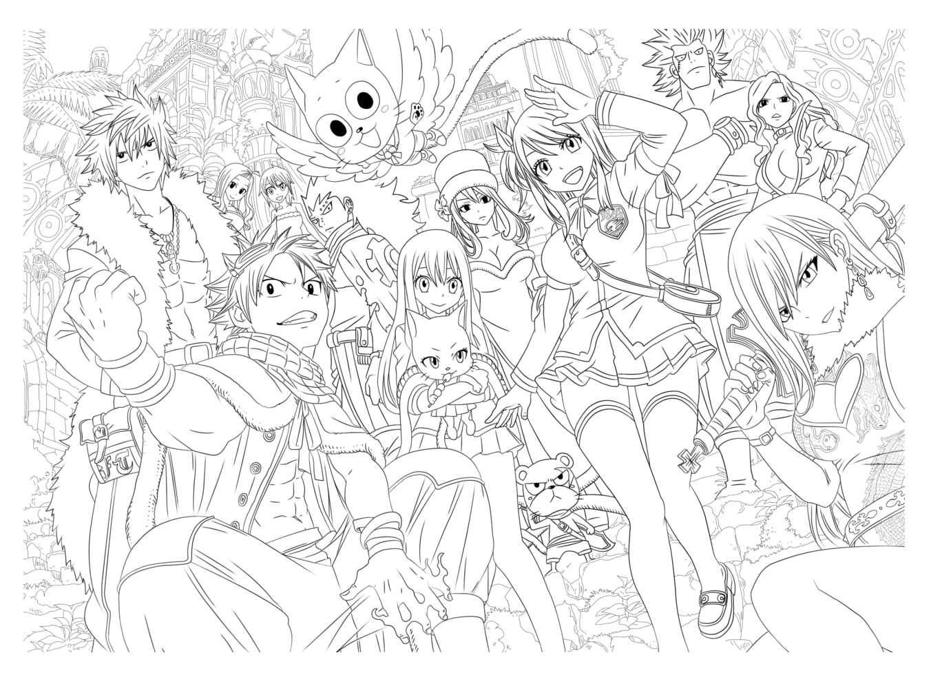 A coloring page full of Characters ! A great example of Japanese animation. Will you find the little Kawaii characters ?, Artist : Tobeyd