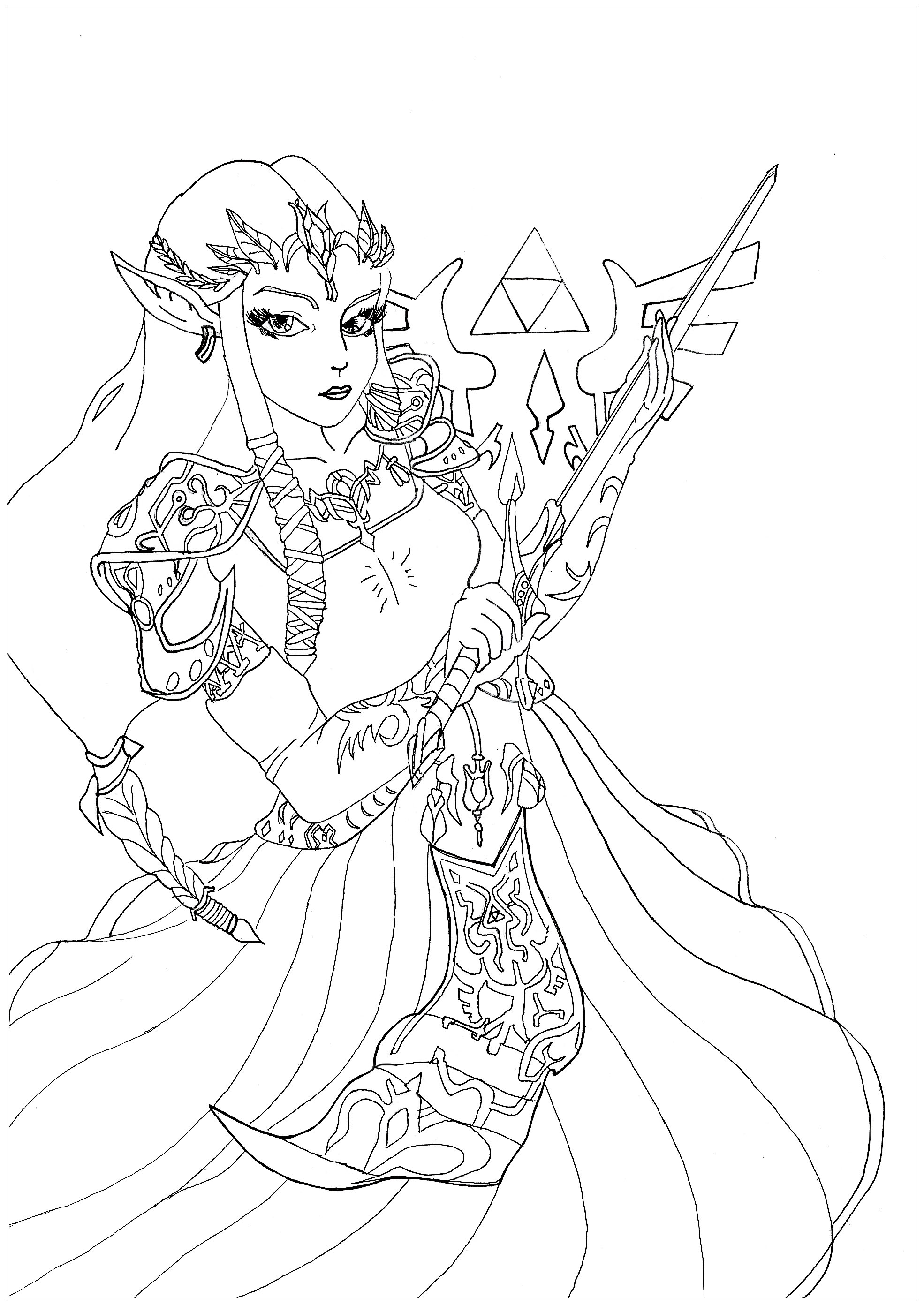 Coloring page of The Princess Zelda from the video game Twilight Princess, Artist : Krissy