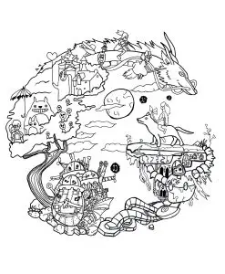 Printable Studio Ghibli complex coloring sheets for adults