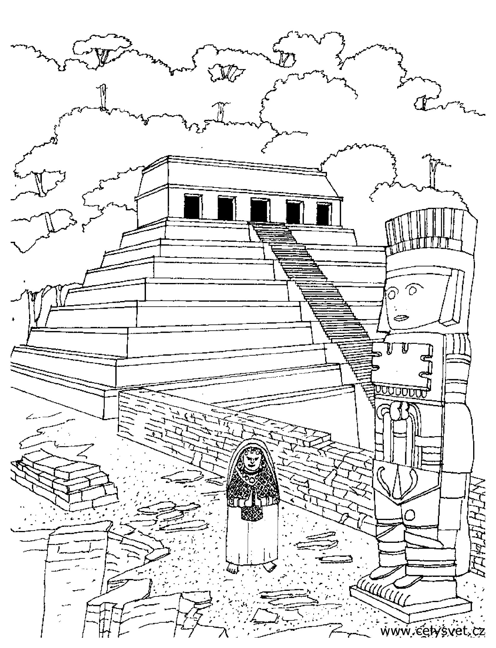 Coloring page of an Aztec Temple