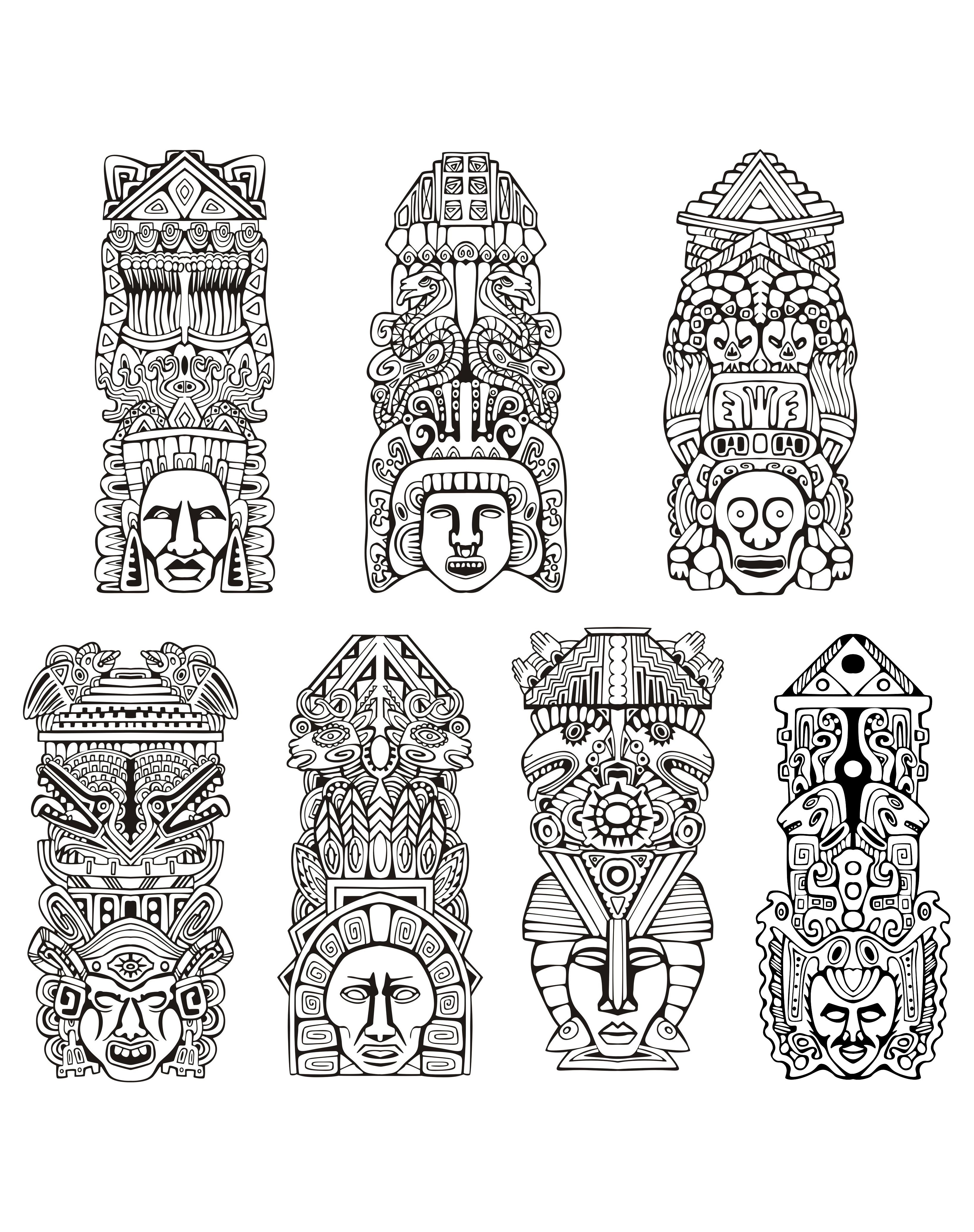 Mayan & Inca Coloring Page : Totems inspiration inca mayan aztec Printable Mayan & Inca Coloring Page for adults : Totems inspiration inca mayan aztec