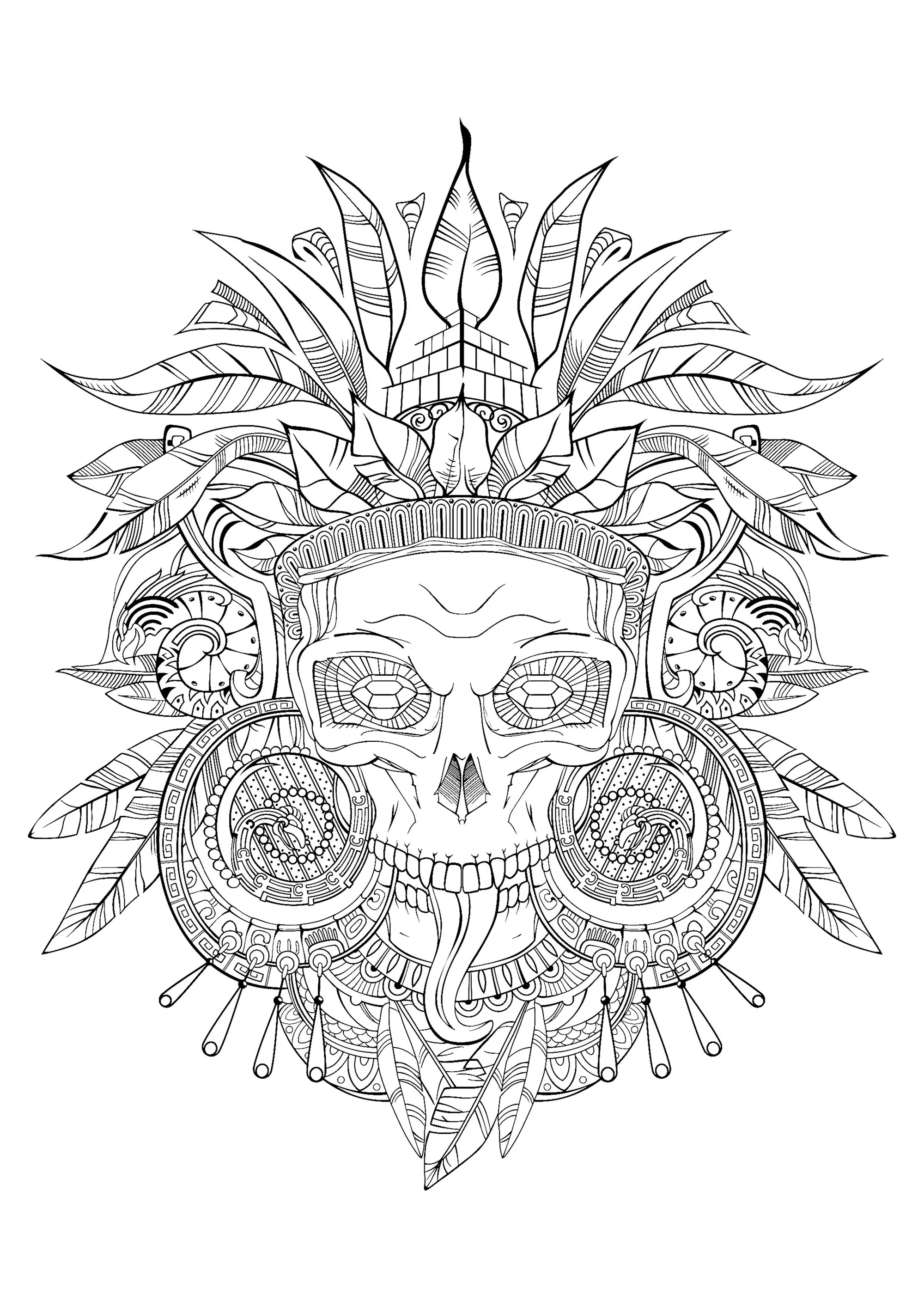 Aztec skull black white (Printable Mayan & Inca Coloring Page for adults)