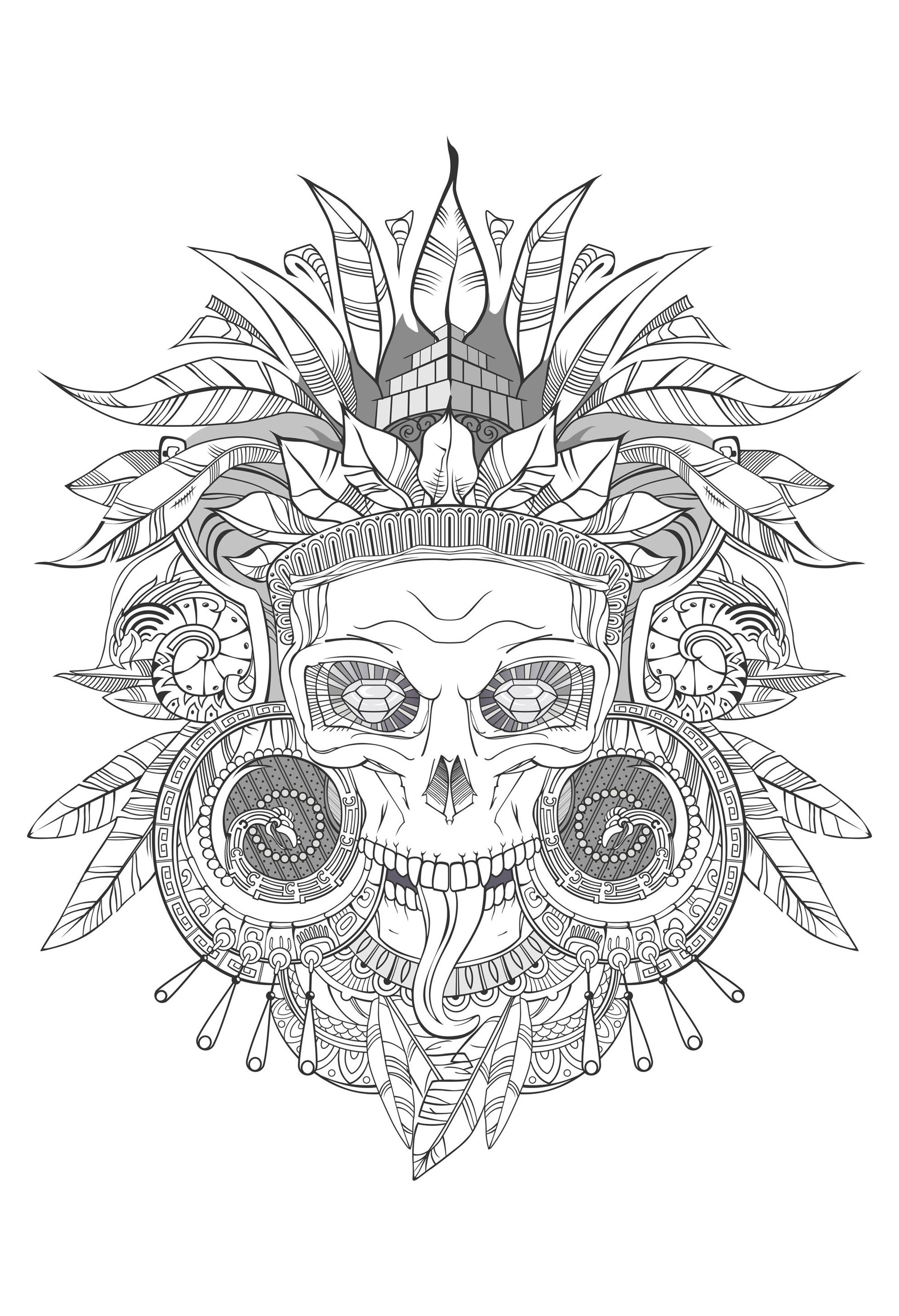 Aztec skull shades of grey - Mayans &amp; Incas Adult Coloring Pages