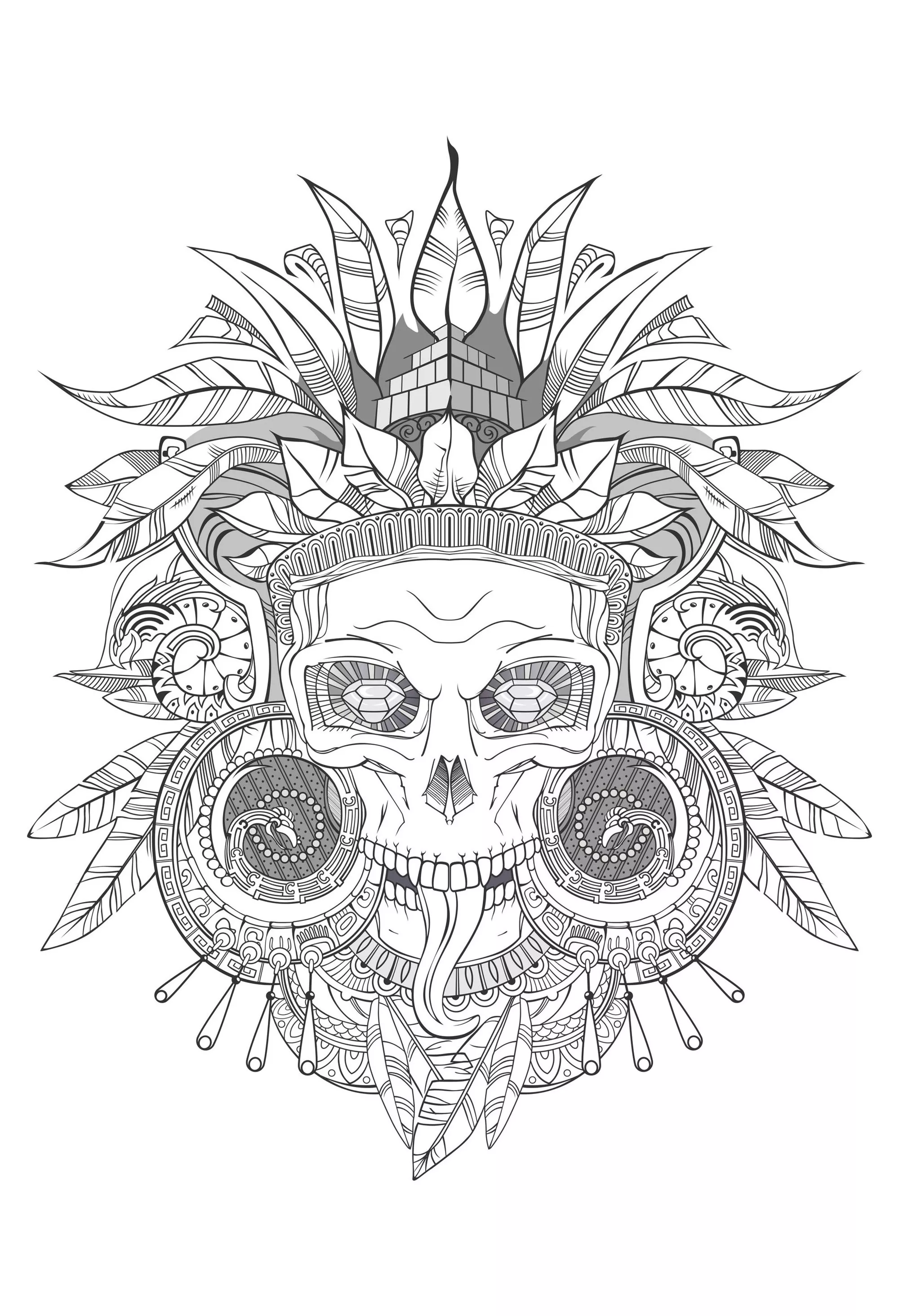 Aztec skull shades of grey (Printable Images tagged "death" Coloring Page for adults)