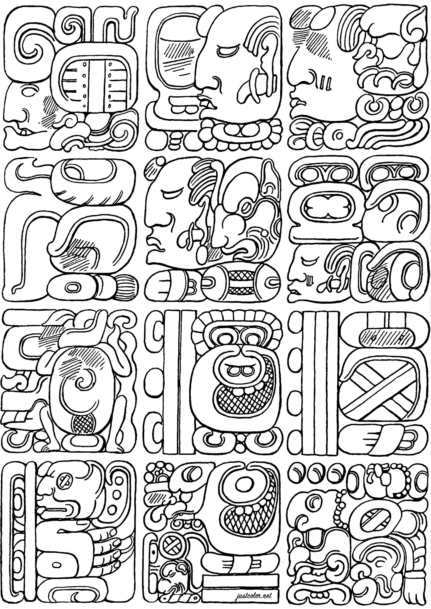 Coloring created from authentic Mayan glyphs. Mayan glyphs are one of the few fully-developed writing systems in the pre-Columbian Americas, allowing Mayan languages to be transcribed with near-perfect precision.Through their complex glyphic inscriptions, the Maya recorded historical events, myths, mathematics and astronomical observations that continue to fascinate researchers today.