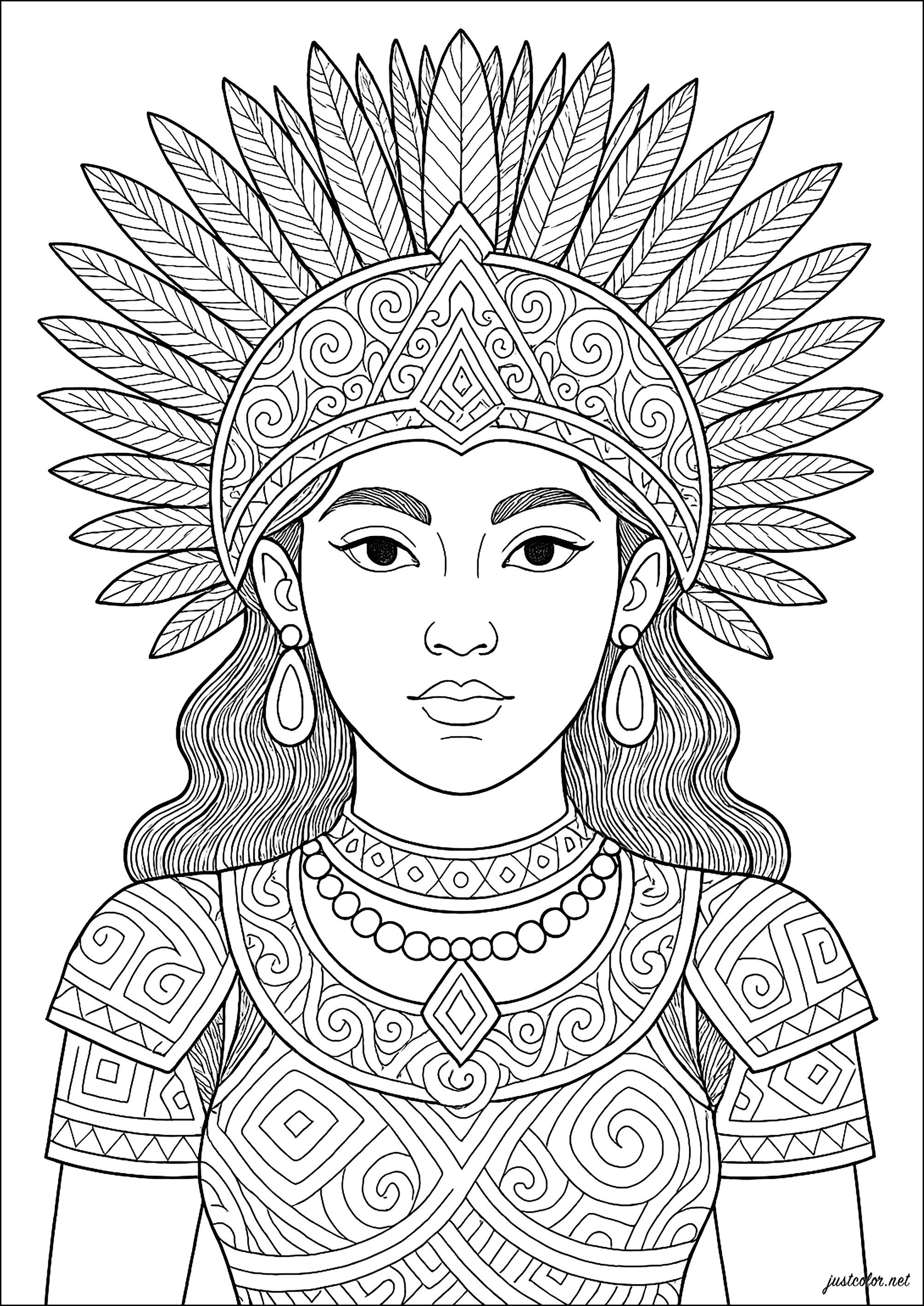 Young girl in Maya/Aztec-inspired style (Printable Mayan & Inca Coloring Page for adults)