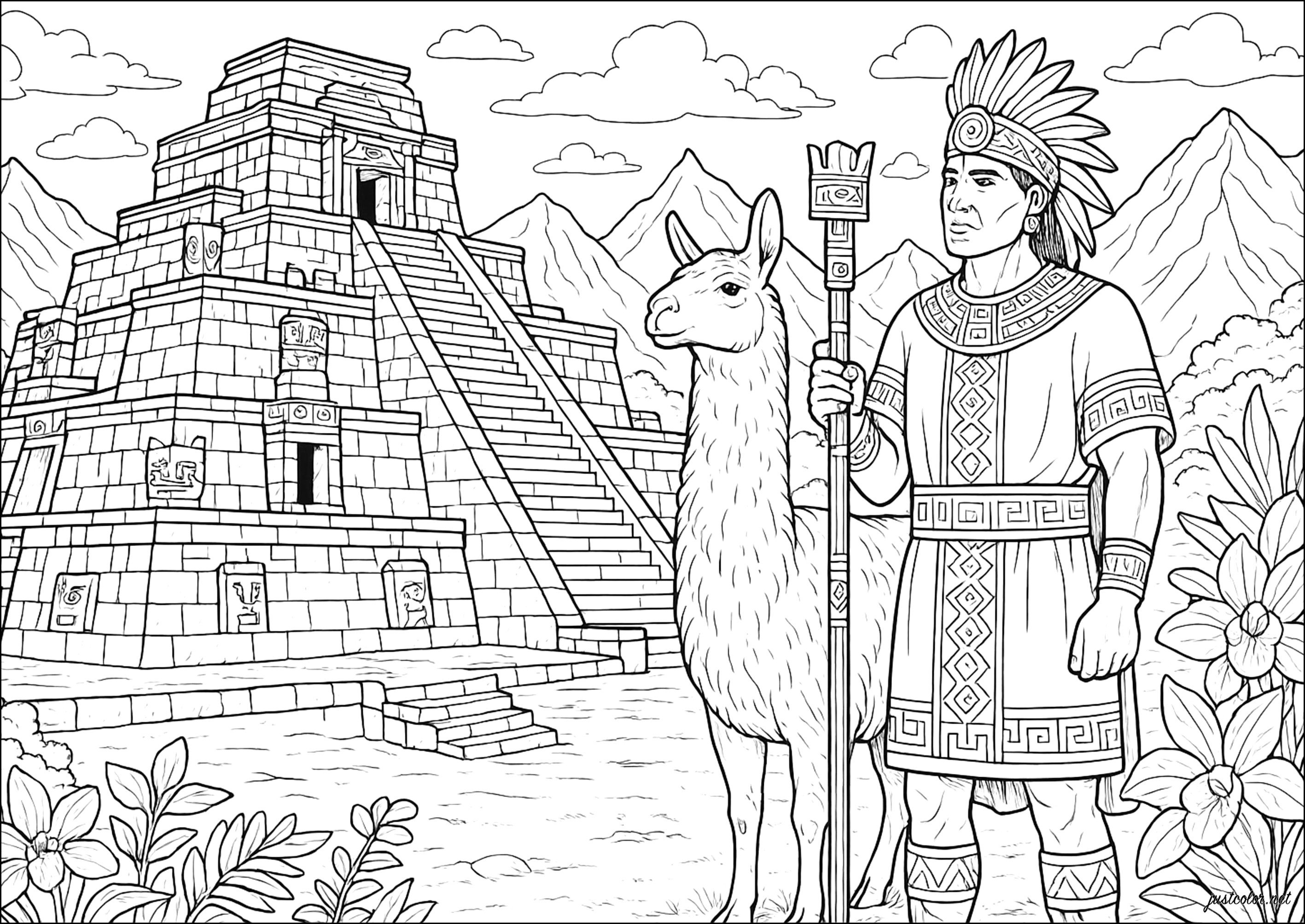 Inca Palace of the Andes (Printable Mayan & Inca Coloring Page for adults)