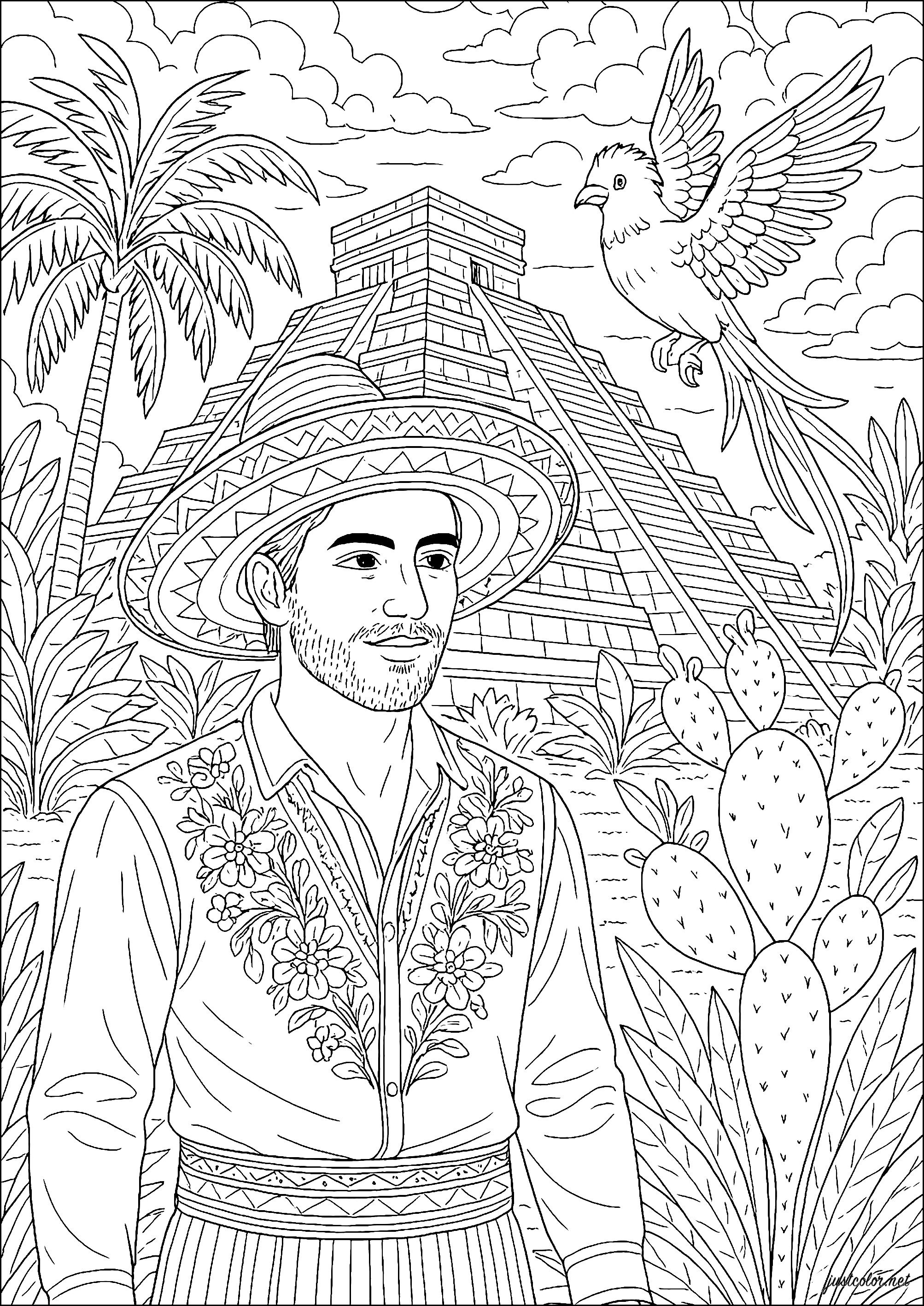 Mexican man and the Mayan pyramid of Chichén Itzá, Mexico's most emblematic monument. (Printable Mayan & Inca Coloring Page for adults)