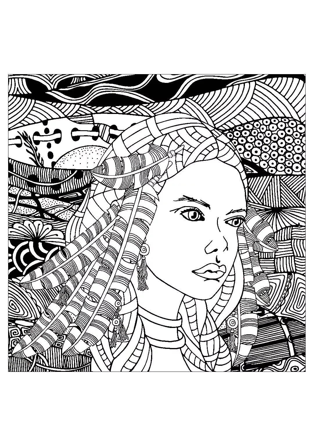 Maya girl (Printable Mayan & Inca Coloring Page for adults)