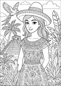 Mayan pyramid at Chichén Itzá and young Mexican girl. This illustration shows a young woman dressed in traditional Mexican garb, complete with Mayan pyramid and quetzal. Mayan Pyramid At Chichén Itzá And Young Mexican Girl