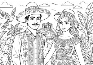Young Mexicans and the Chichén Itzá Pyramid. This illustration features a traditional couple in typical Mexican clothing, with a backdrop evoking the remains of the Mayan civilization. Young Mexicans And The Chichén Itzá Pyramid