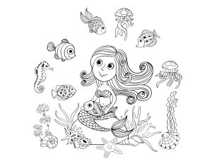 Coloring adult mermaid and fishes by amalga
