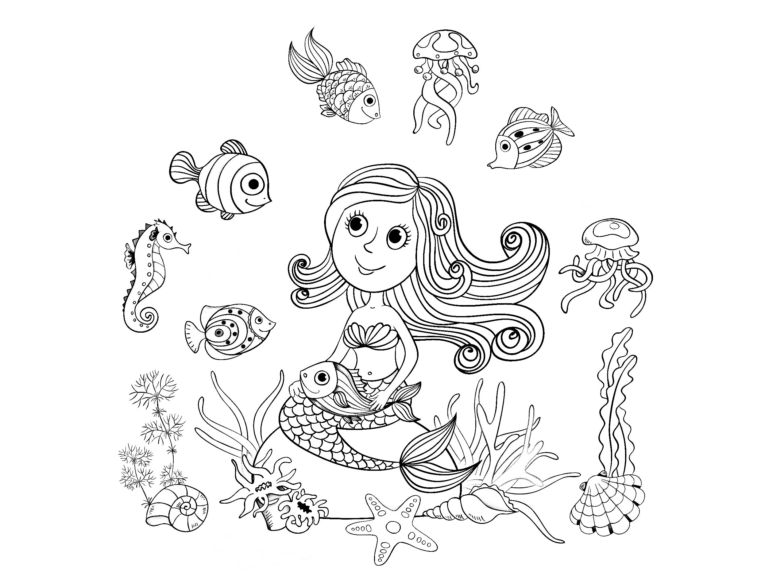 Cute draw of a mermaid and her fishes friends, by Amalga