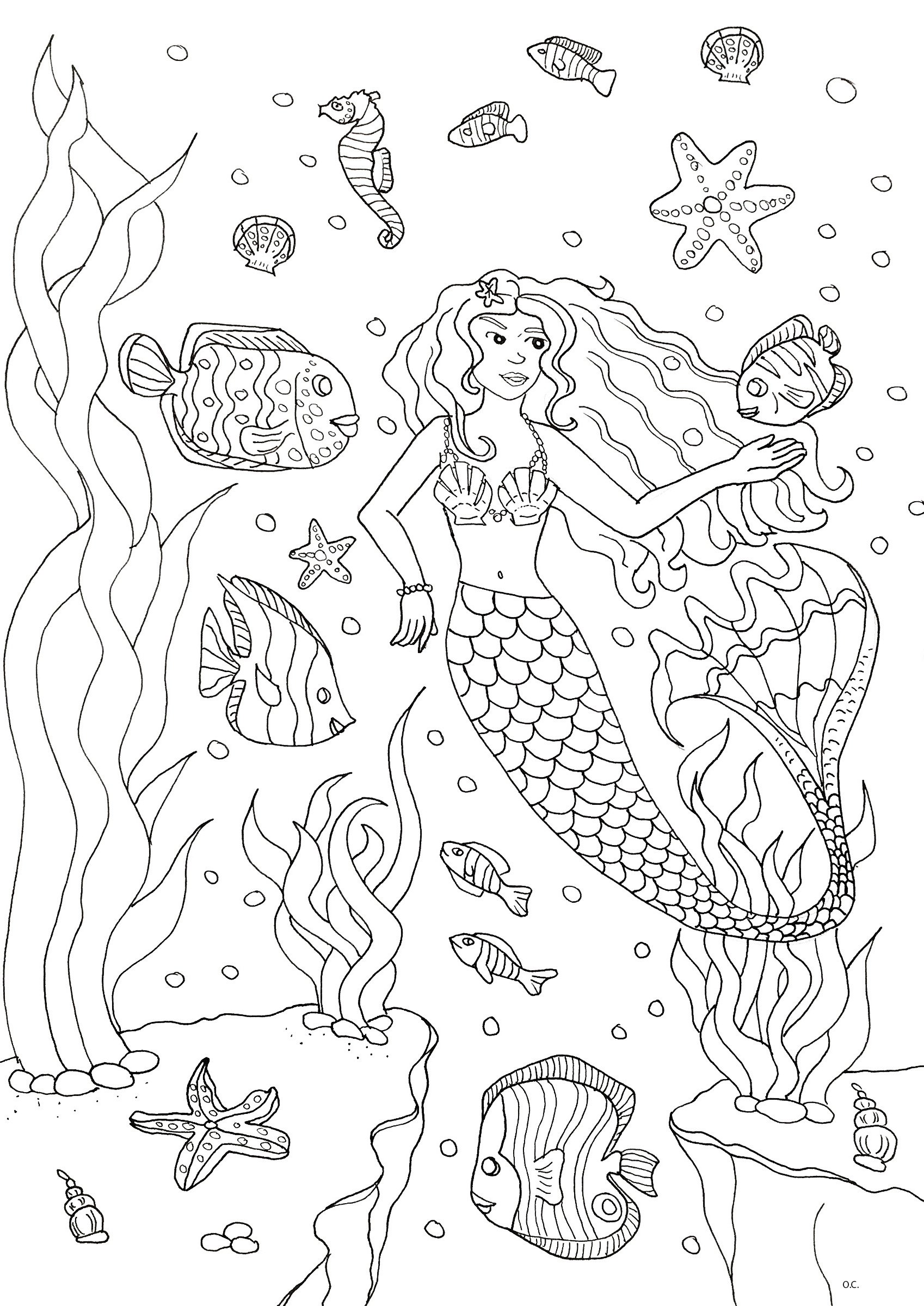 Coloring page of a cute mermaid with fishes