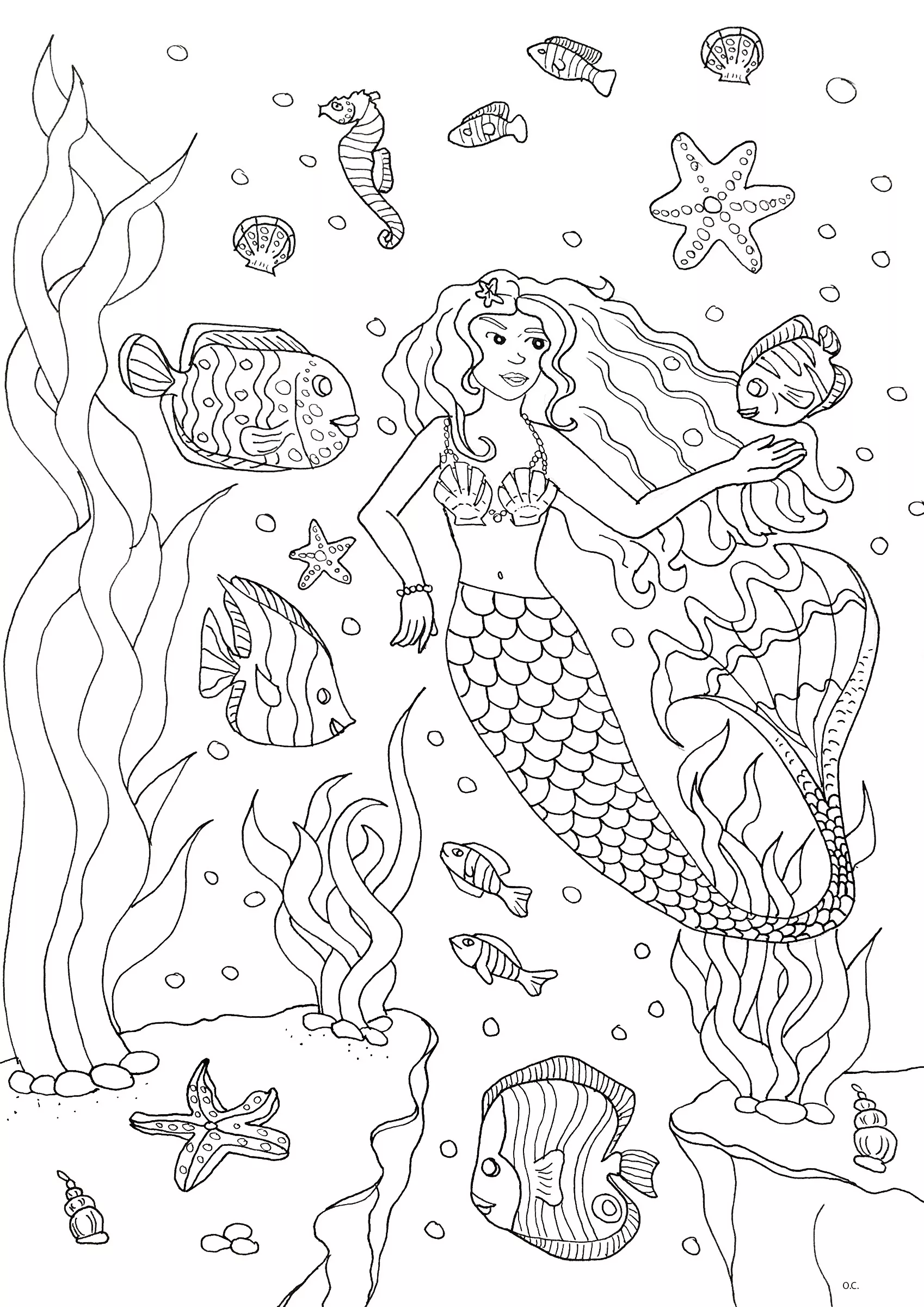 Mermaid and fishes by olivier (Printable Coloring Page for adults)