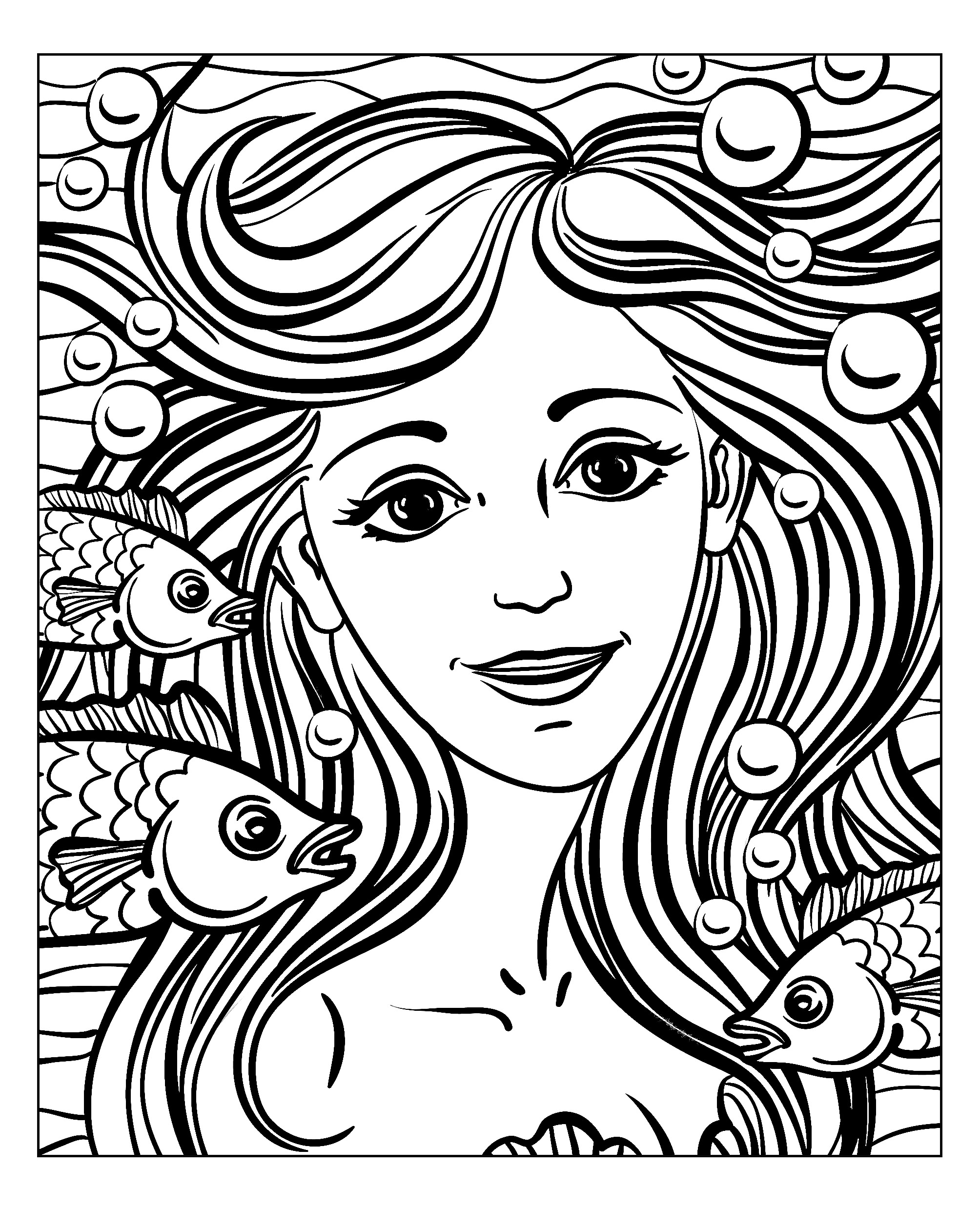 Mermaid beautiful face, exclusive coloring page for adult, by Natuskadpi