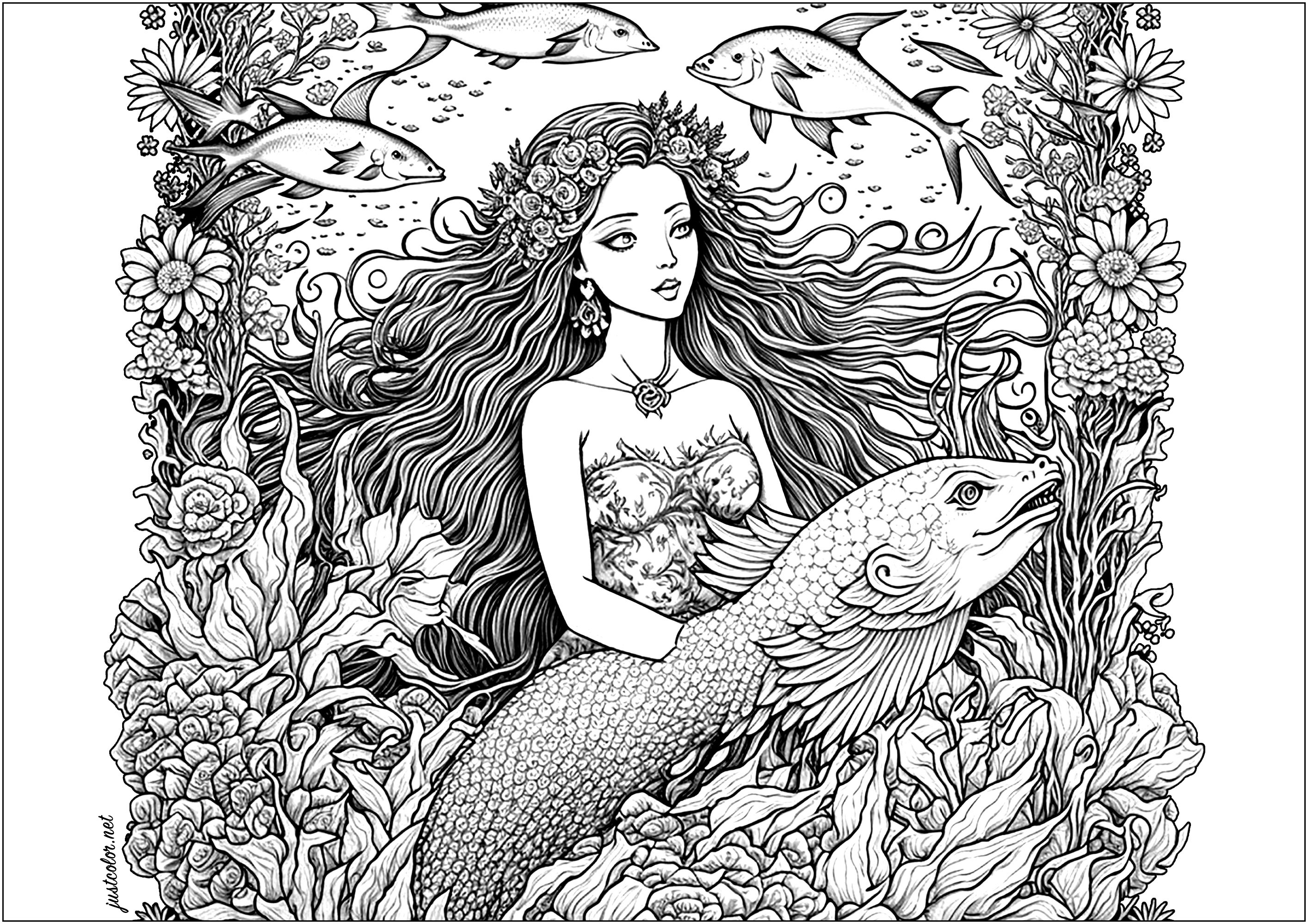 A mermaid gracefully swam through the ocean, with a big fish. She is beautiful, her long hair flowing behind her, with her fish friend swimming by her side. Together they explored the depths of the sea, discovering new and exciting things.