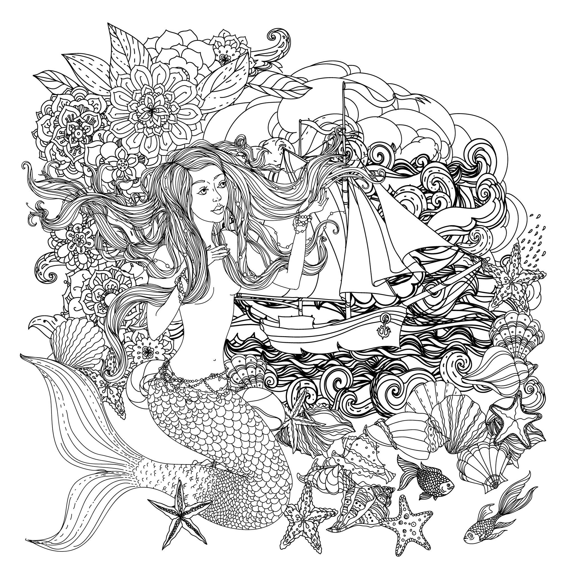 Download Mermaid and boat - Mermaids Adult Coloring Pages