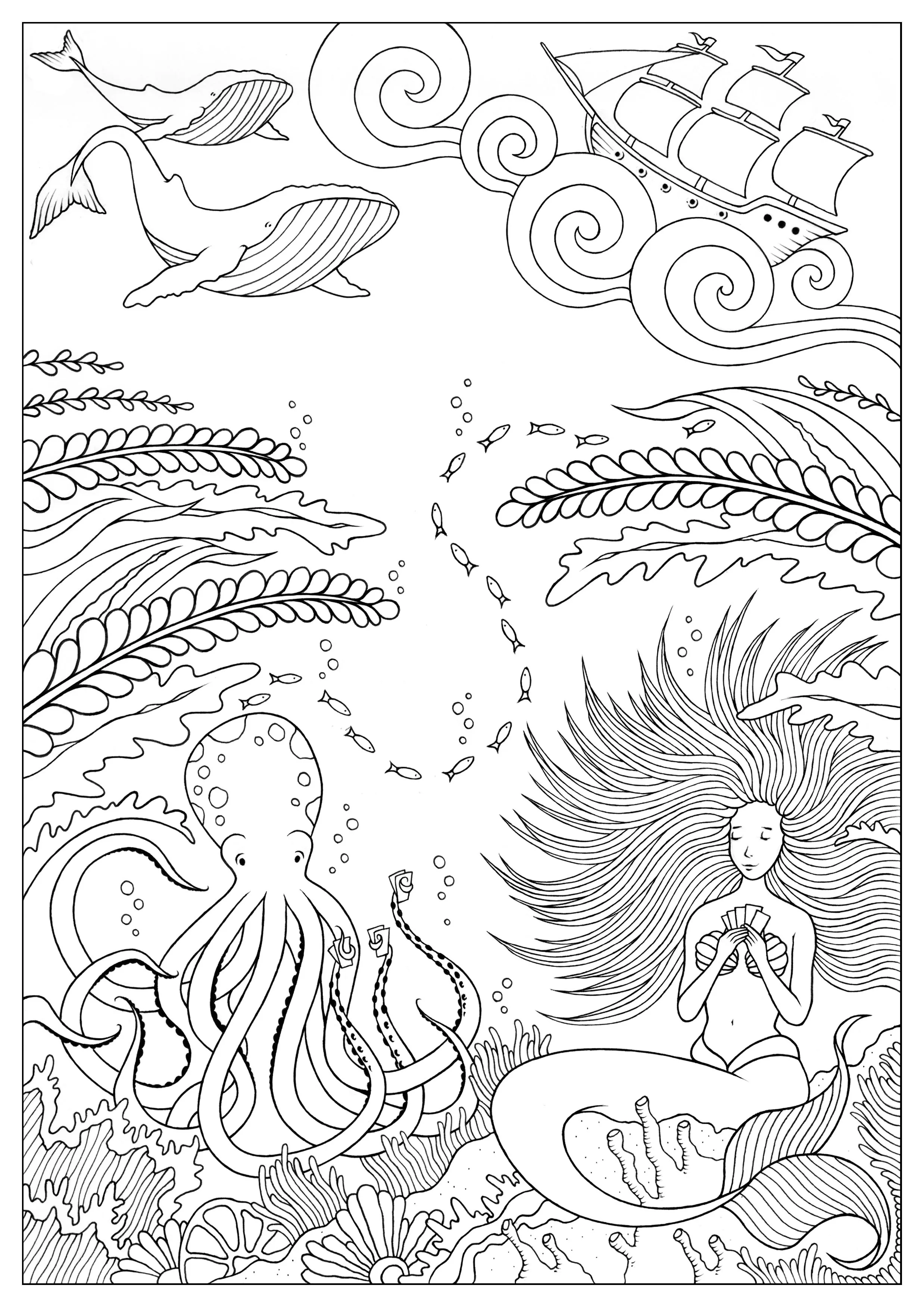 Mermaid and octopus konstantinos liaramantzas (Printable Coloring Page for adults)