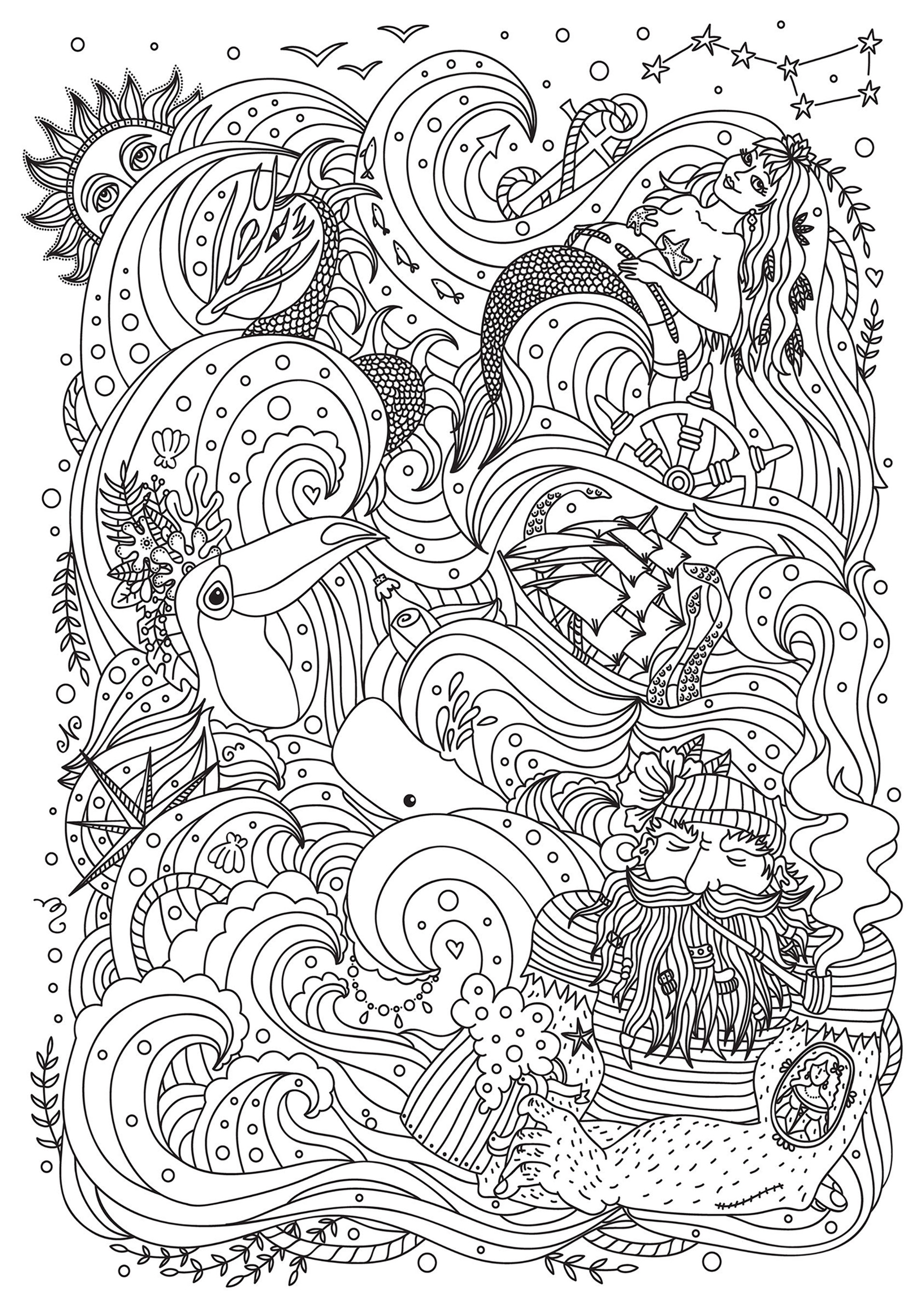 Download Mermaid sailor bird and boat - Mermaids Adult Coloring Pages