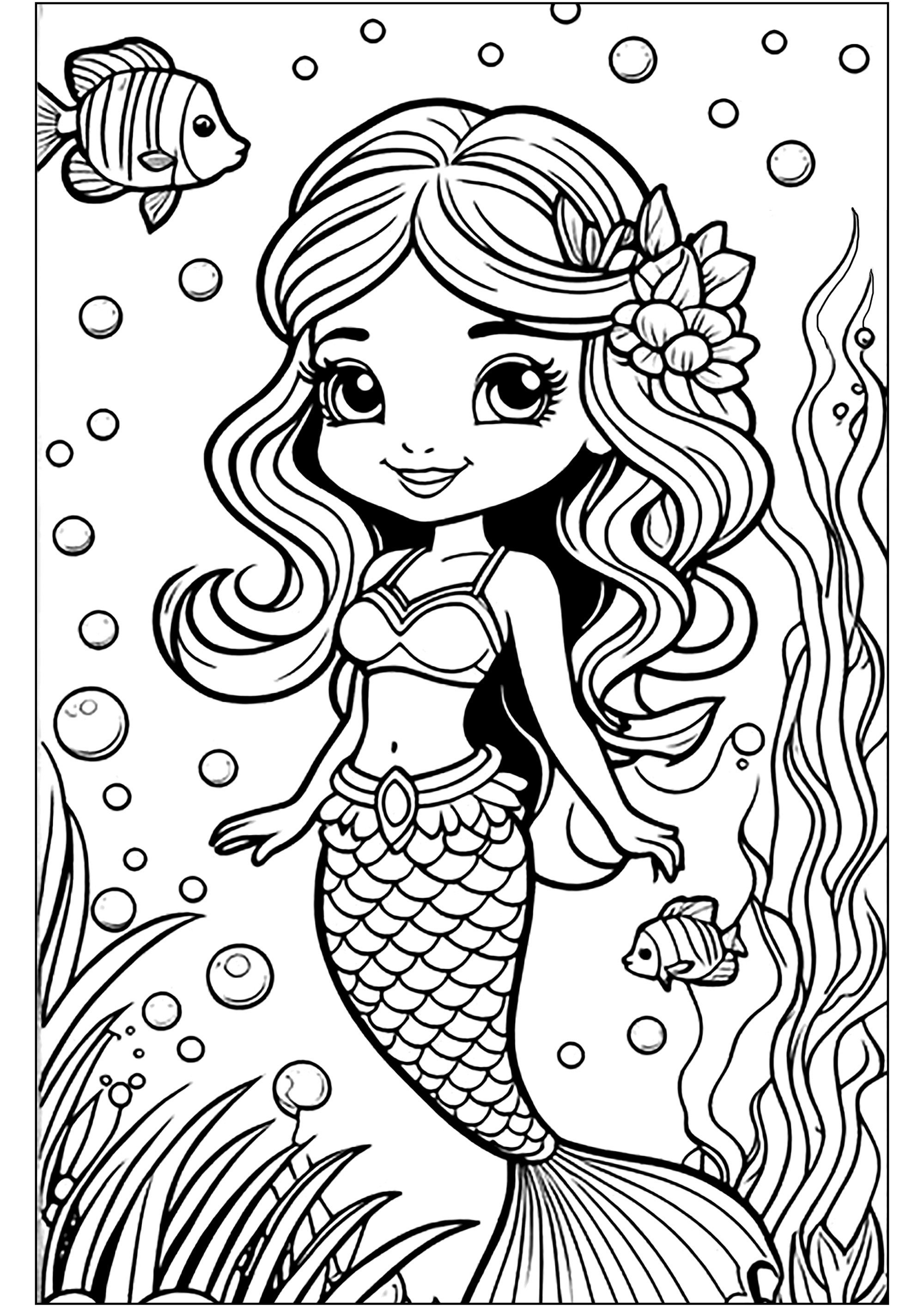 Young mermaid and fish (Coloring Page) Young mermaid and fish (Printable Coloring Page for adults)