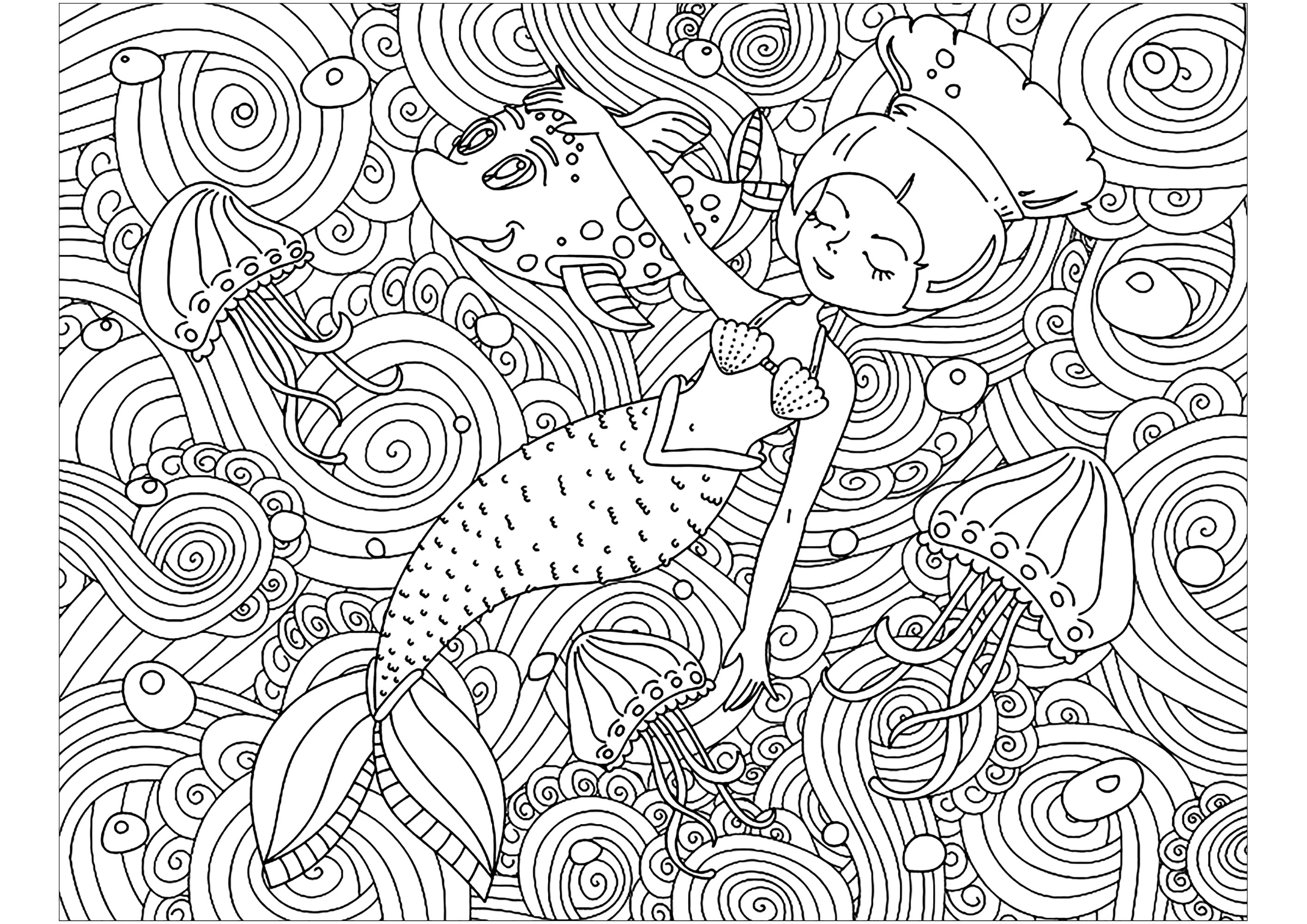 Mermaid and pretty patterns. Color this little mermaid sleeping peacefully in a sea full of beautiful, intricate patterns, Source : 123rf   Artist : Lexver