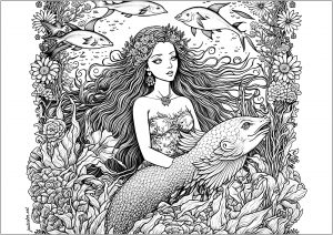 Cute mermaid with his fish (Coloring Page)