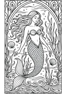 Complex drawing of a beautiful mermaid (Coloring Page)