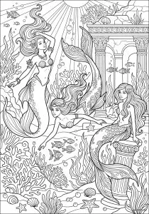 Three mermaids near underwater columns. Three mermaids are underwater, surrounded by fish and coral, near ancient columns.