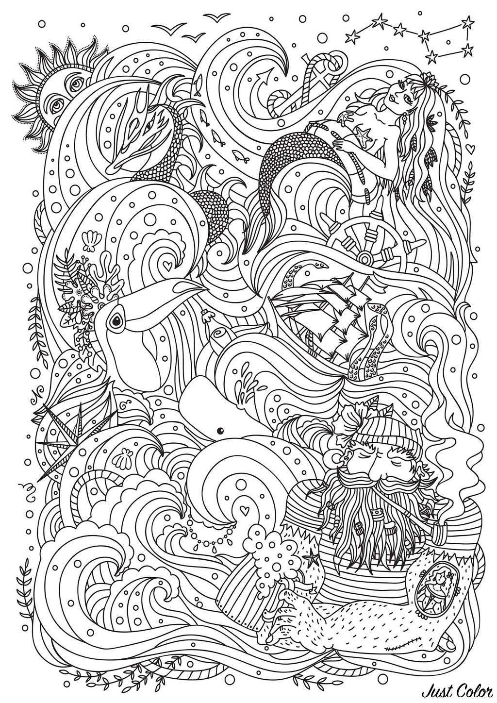 Mermaid sailor bird and boat - Mermaids Adult Coloring Pages