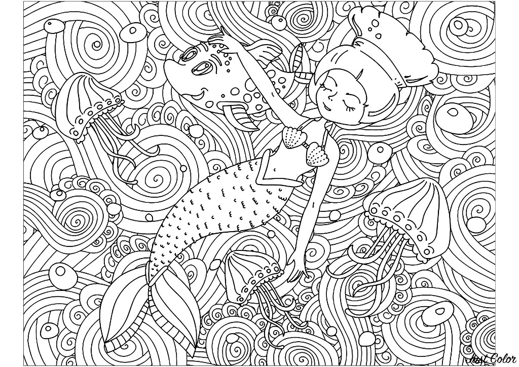 Color this little mermaid who is calmly sleeping in a sea full of beautiful and complex patterns