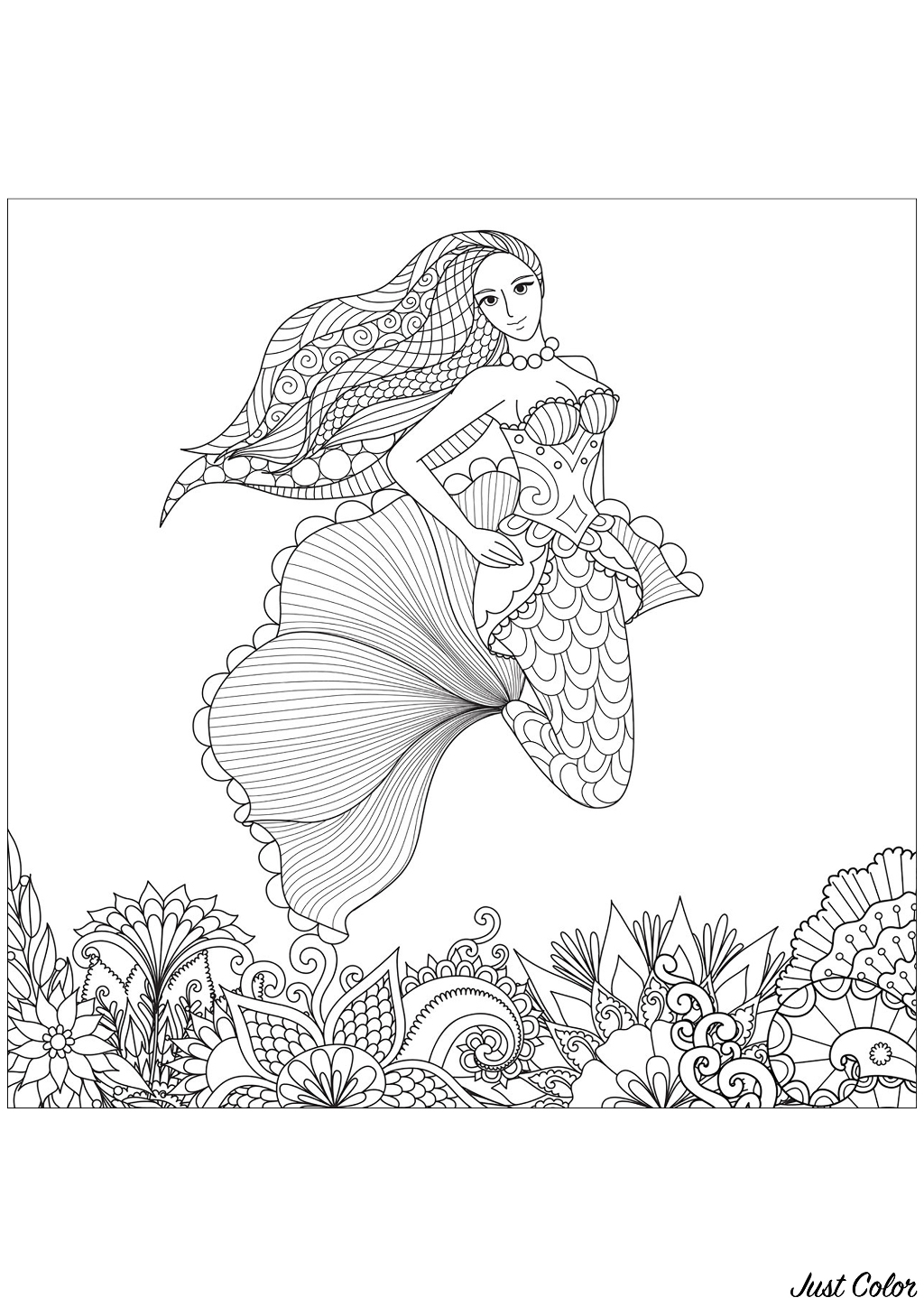 Pretty mermaid with beautiful patterns in her hair, and seabed drawn with Zentangles