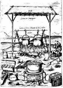 Printable Middle age Coloring Page for adults : Medieval engraving of cauldrons and other cooking utensils