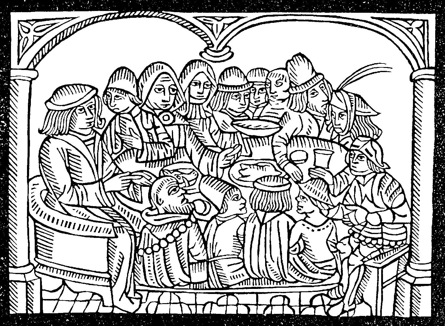 Coloring page of a meal in a castle from the Middle Ages, with a style of representation of men really typical of this era