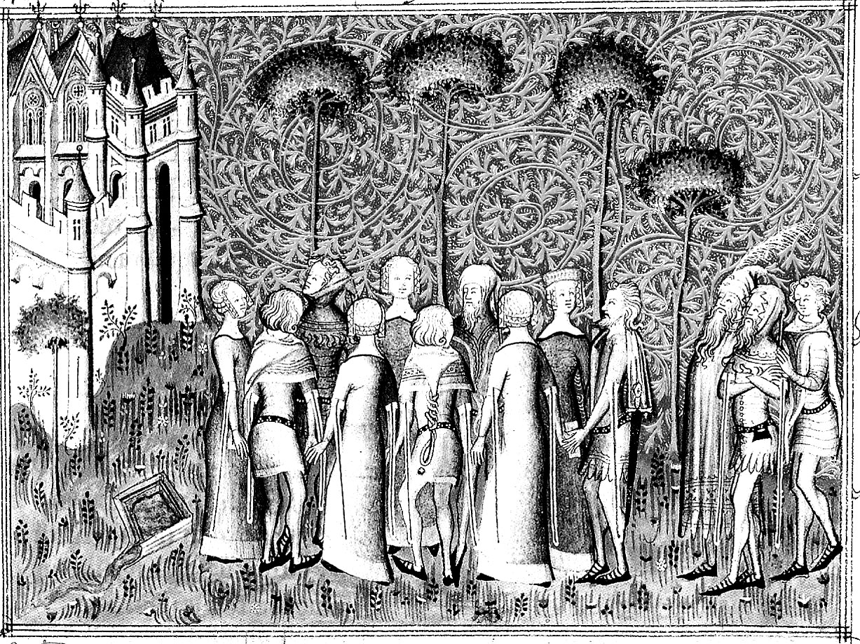 Medieval painting set in black and white and whose contrast have been increased, to become a perfect adult coloring page on the theme of the Middle Ages